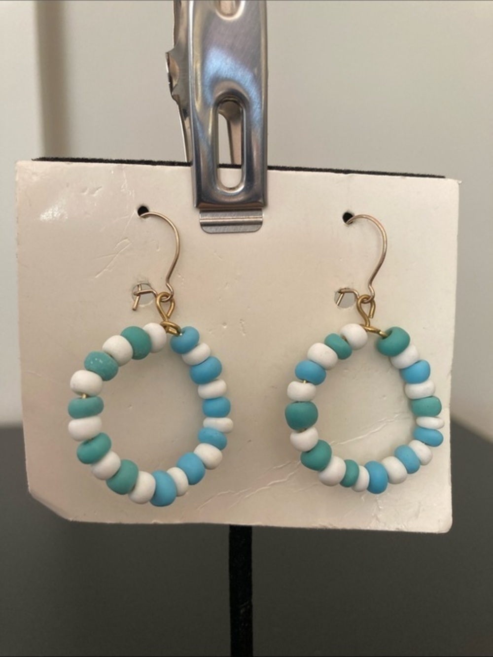 Handmade Teal & White Beaded Hoop Earrings